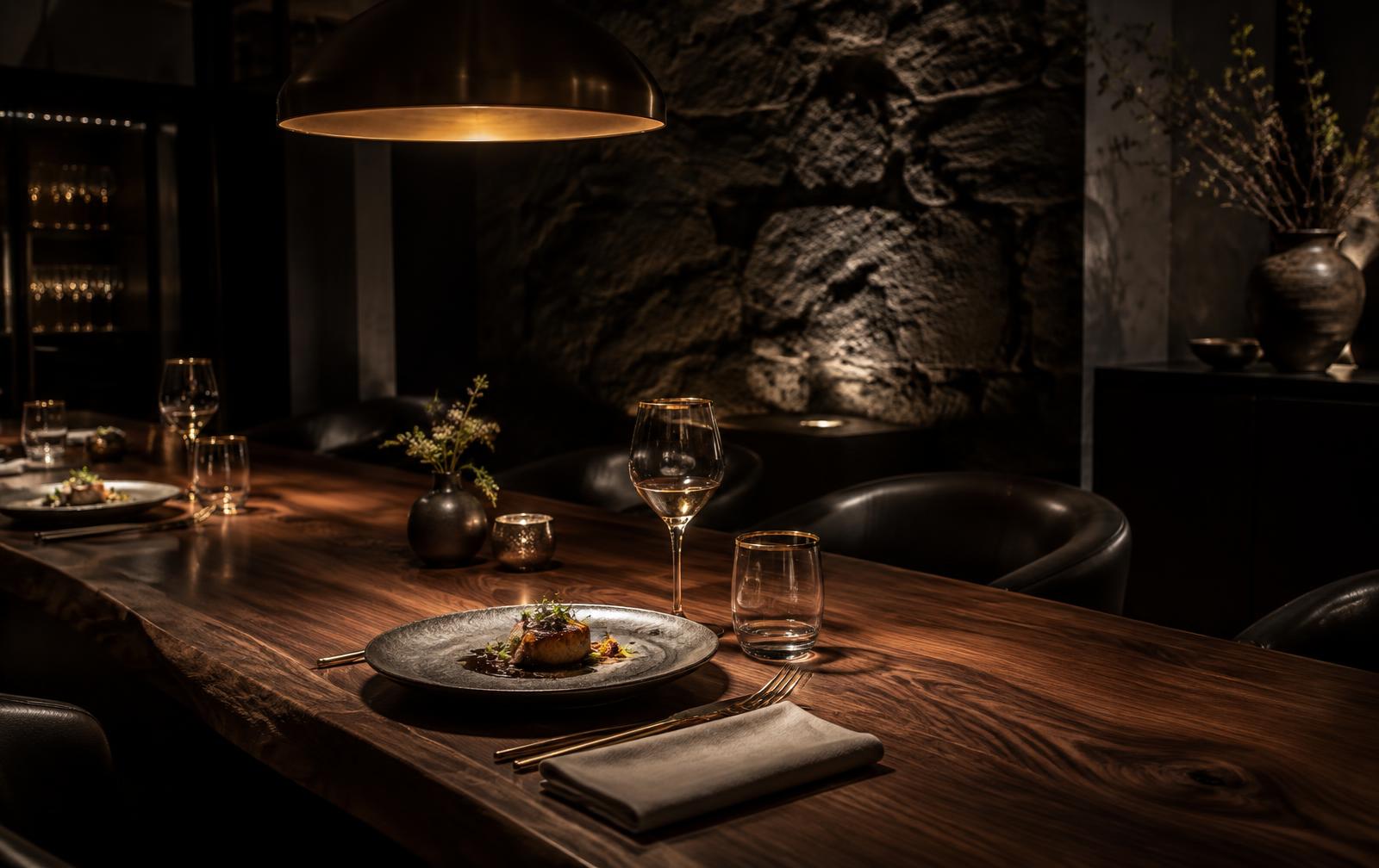 An intimate timber chef's table beneath a single warm pendant